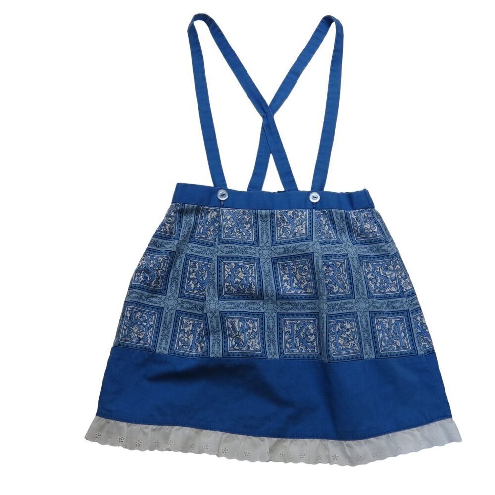 VINTAGE 60s 70s Toddler Girl's Blue & White Alphabet Suspender Skirt Overalls